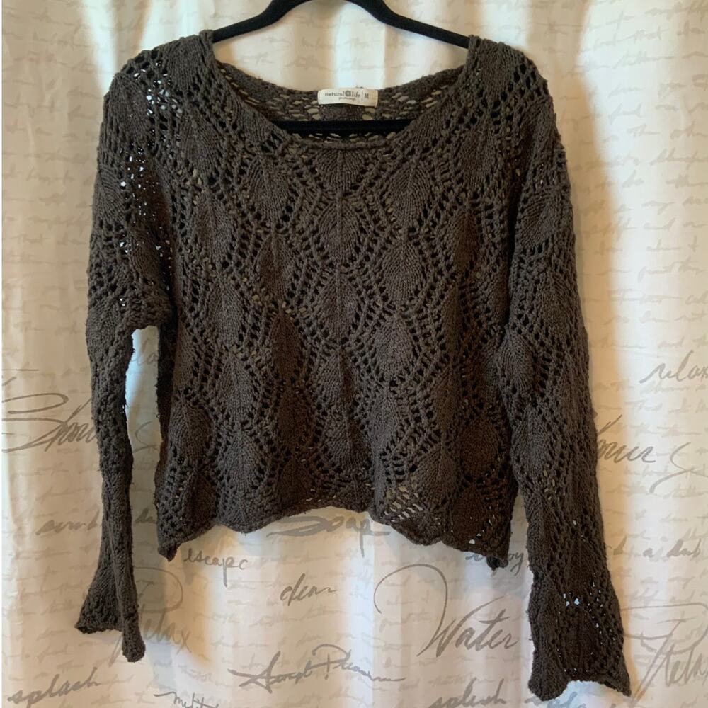 Natural Life Brown Cropped Open Knit Bell Sleeve Sweater M